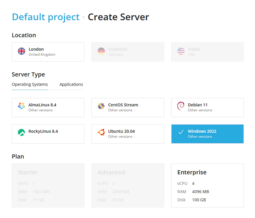 Server creation form showing restricted Windows 2022 to London location and Enterprise plan
