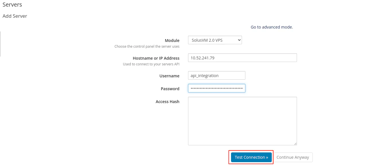 WHMCS server configuration form showing SolusVM VPS module settings