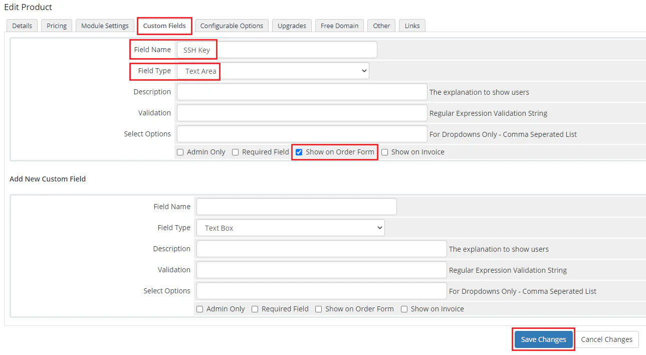 Custom field configuration showing SSH key field settings in WHMCS