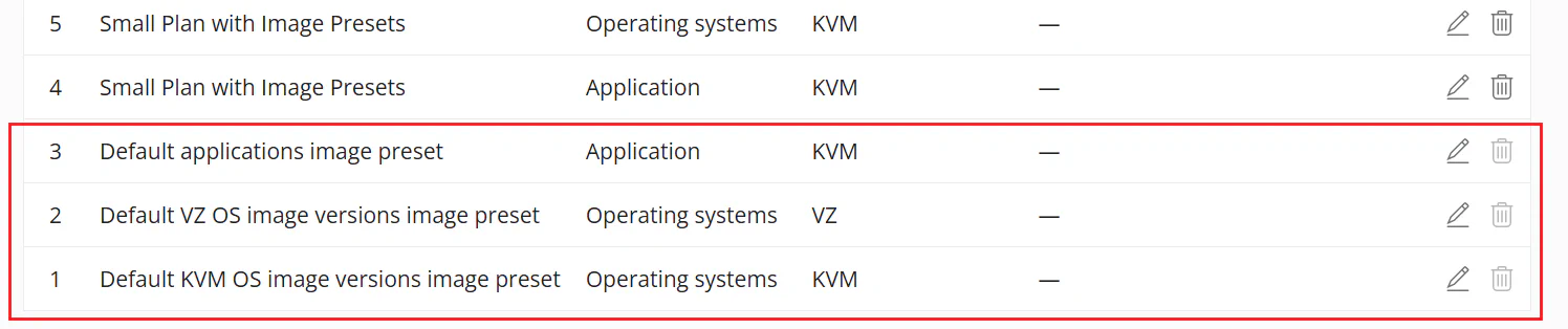 Image presets page showing default presets with inactive remove buttons