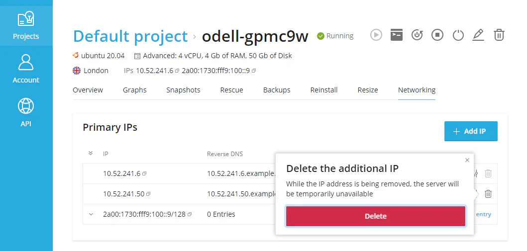 Additional IP address deletion confirmation dialog