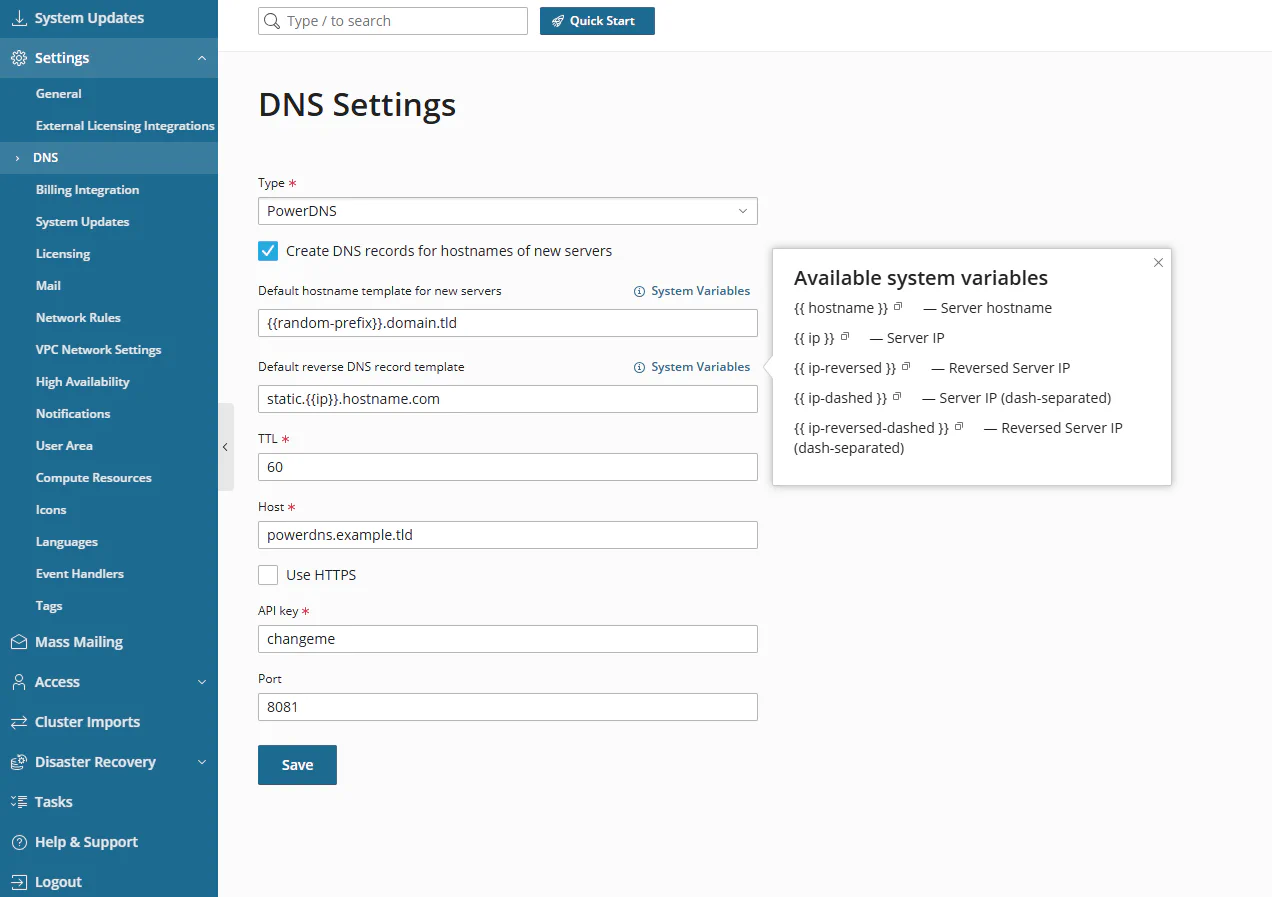PowerDNS configuration settings in SolusVM