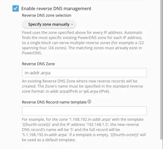 Reverse DNS zone selection options in IP block settings