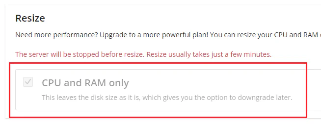 SolusVM server resize options with CPU and RAM only setting