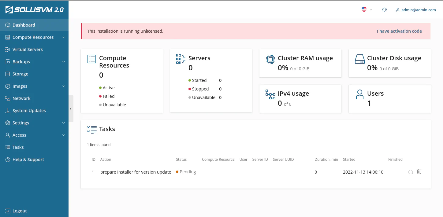 SolusVM administrator interface after successful login