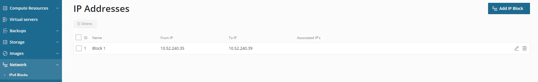 IP blocks list showing successfully added IPv4 block