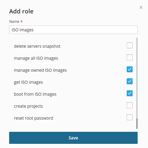 Role permissions showing ISO image access options