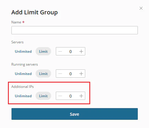 Limit group configuration showing additional IP addresses limit field
