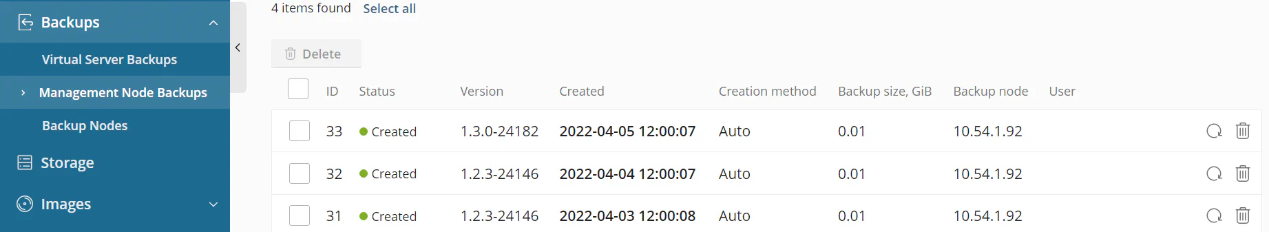 Management node backups list