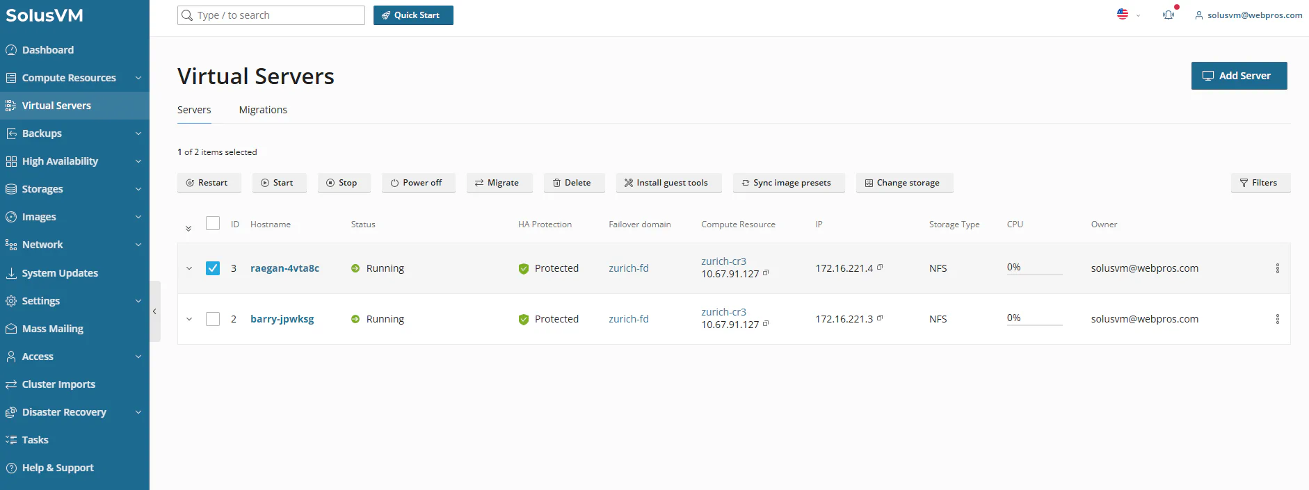 Virtual Servers page with selected servers and Migrate button