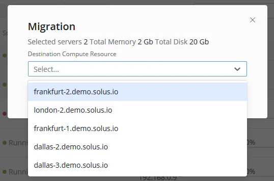 Migration dialog with destination compute resource dropdown