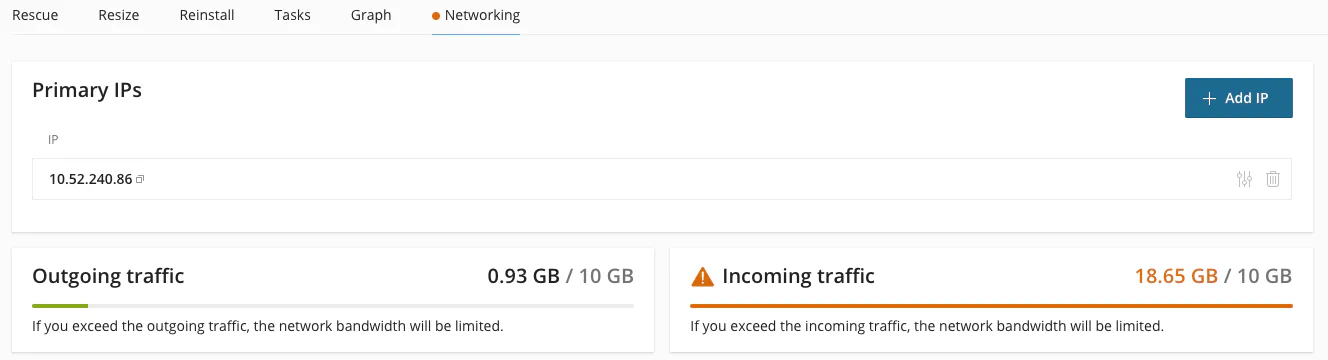 Server networking tab showing exceeded traffic limit warning
