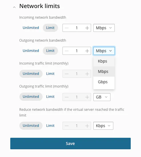 Network limits configuration showing bandwidth and traffic settings