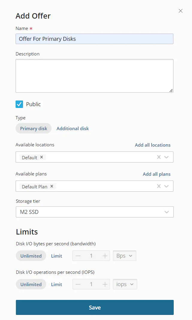 Offer configuration form showing name field