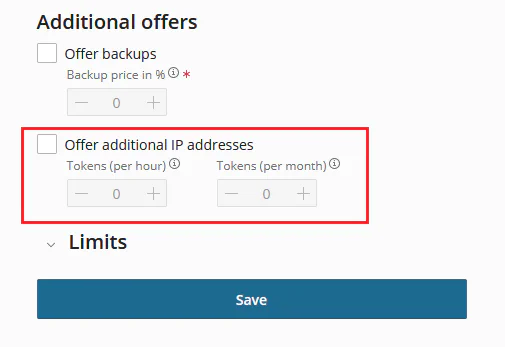Plan configuration showing offer additional IP addresses checkbox and pricing fields