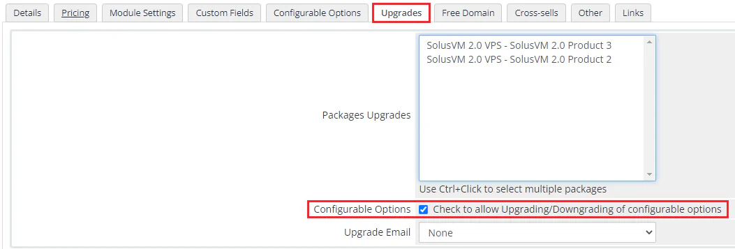 WHMCS product upgrades settings with Configurable Options enabled