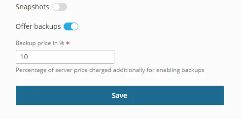 SolusVM plan settings with backup pricing options