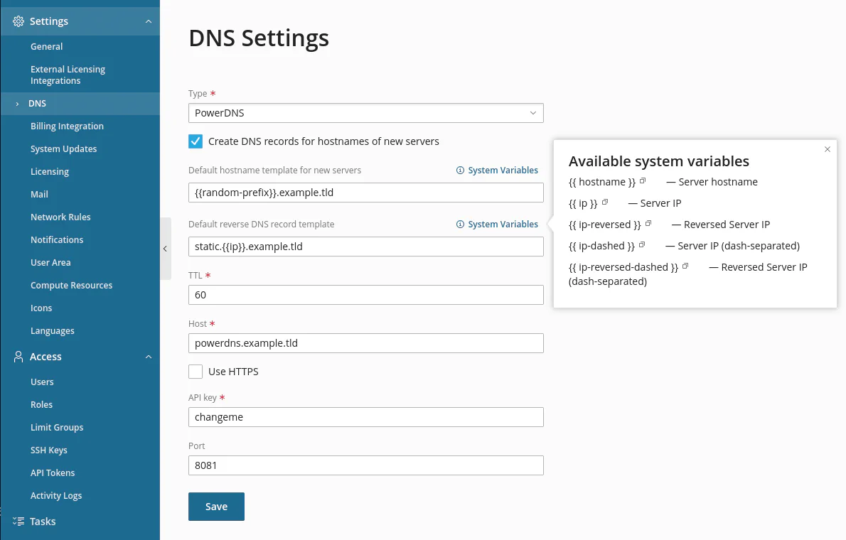 PowerDNS configuration settings in SolusVM