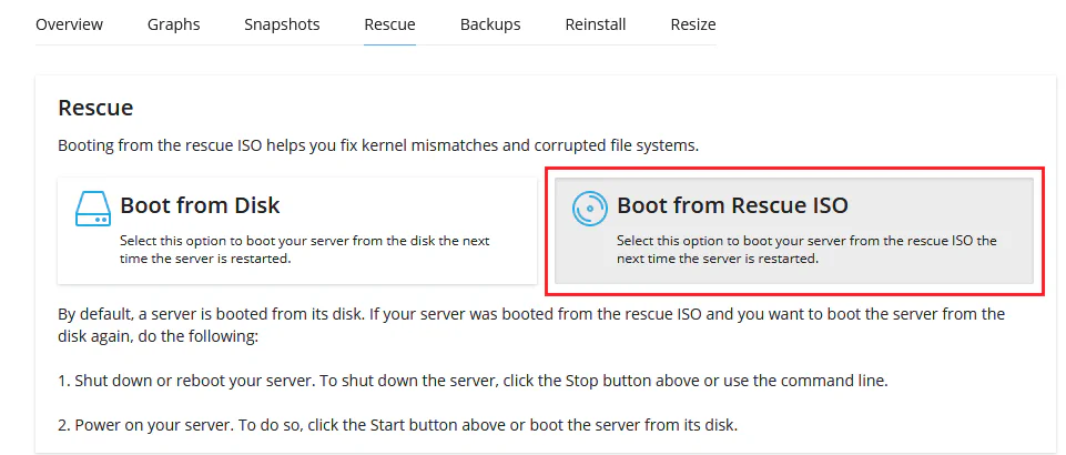 Rescue tab showing Boot from Rescue ISO button