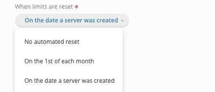 Automatic limit reset options showing monthly and creation date choices
