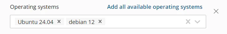 Plan configuration showing restricted operating systems field with Ubuntu 24.04 and Debian 12 selected