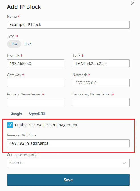 Enable reverse DNS management option in IP block settings