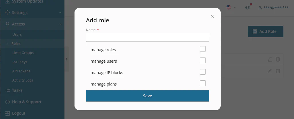 Add Role form with custom permissions selection