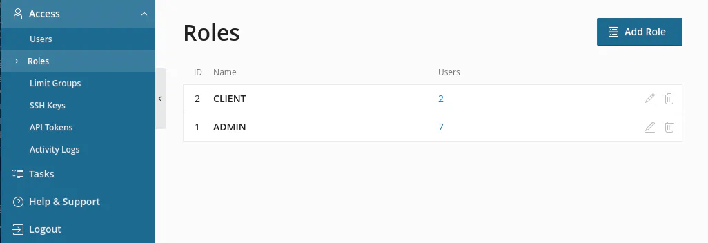 Roles list showing built-in ADMIN and CLIENT roles
