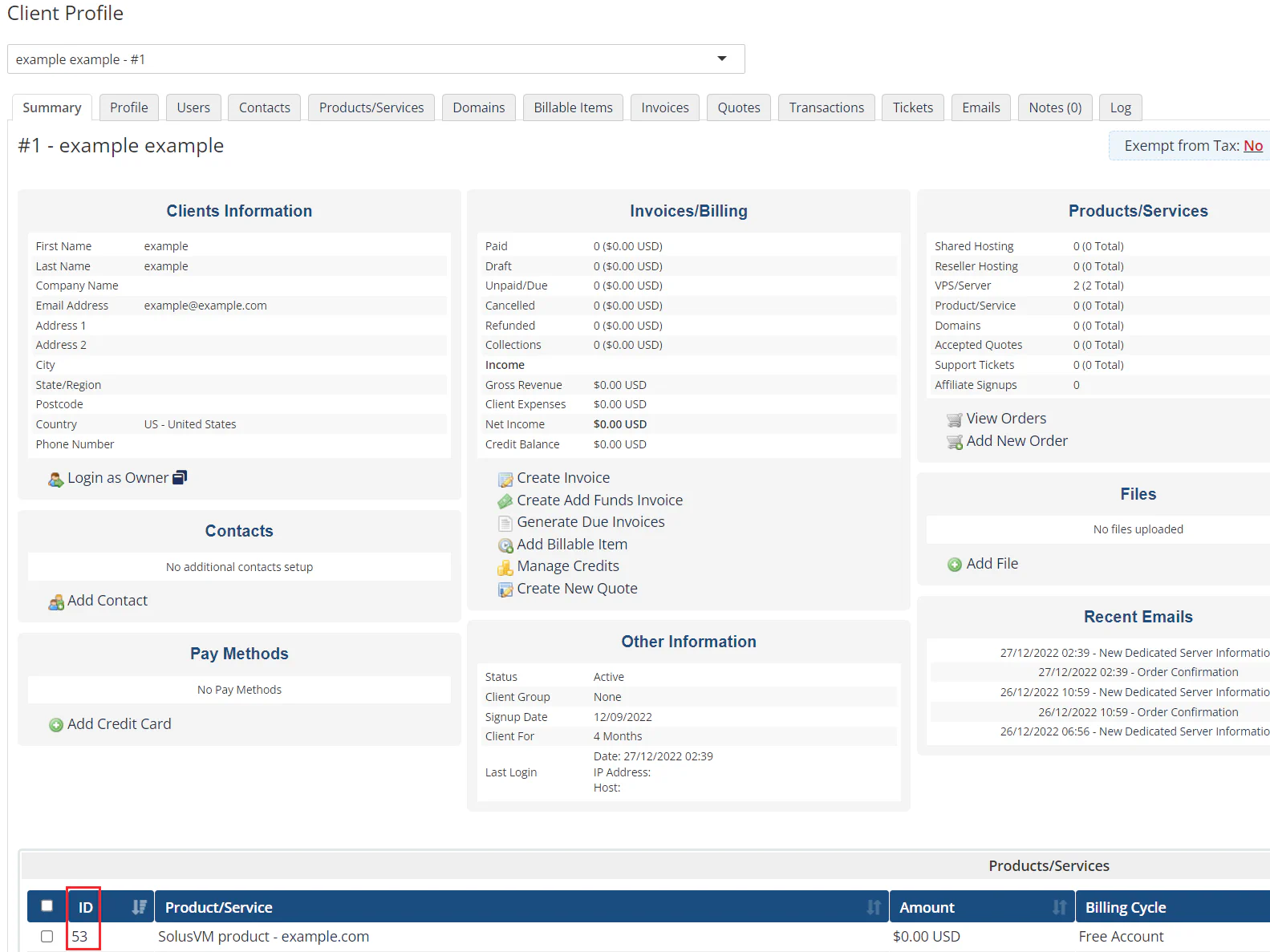 WHMCS client products and services list