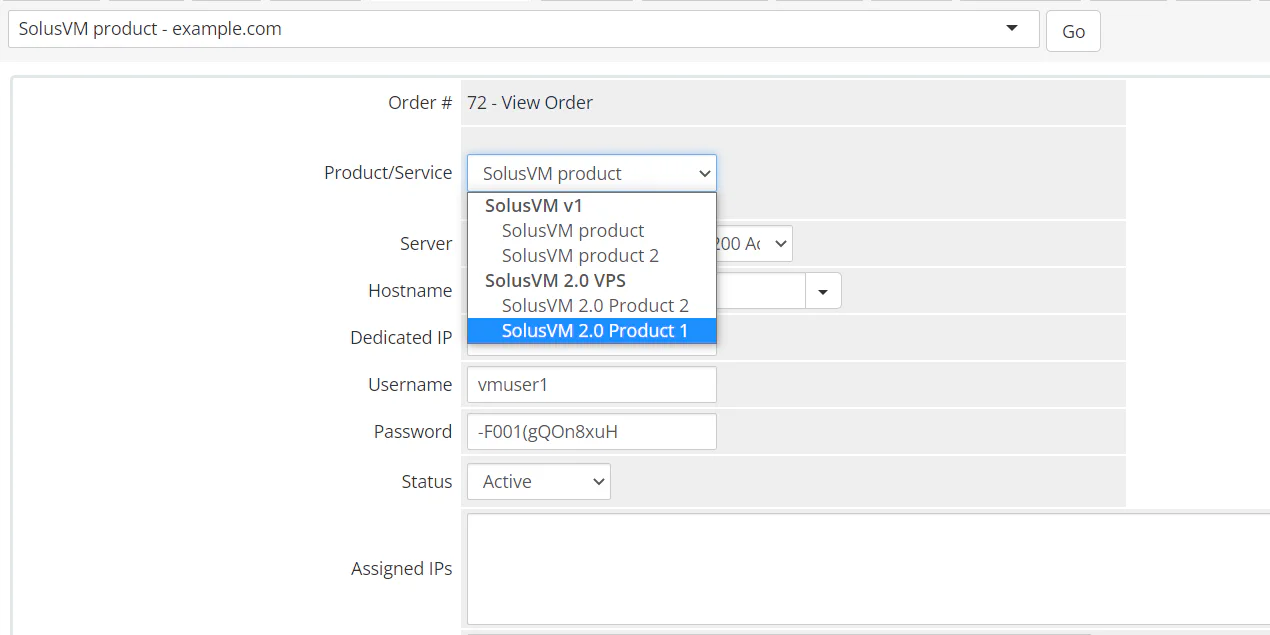 WHMCS product type selection dropdown