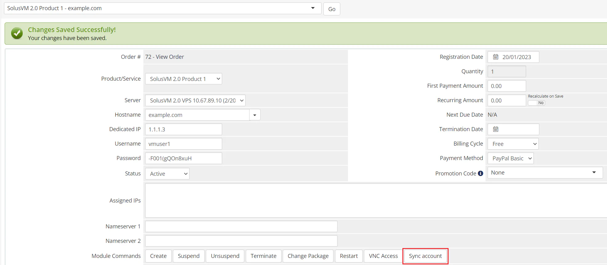 WHMCS sync account button on product page