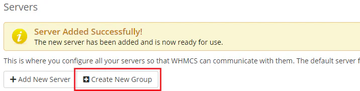 WHMCS server group creation interface in system settings