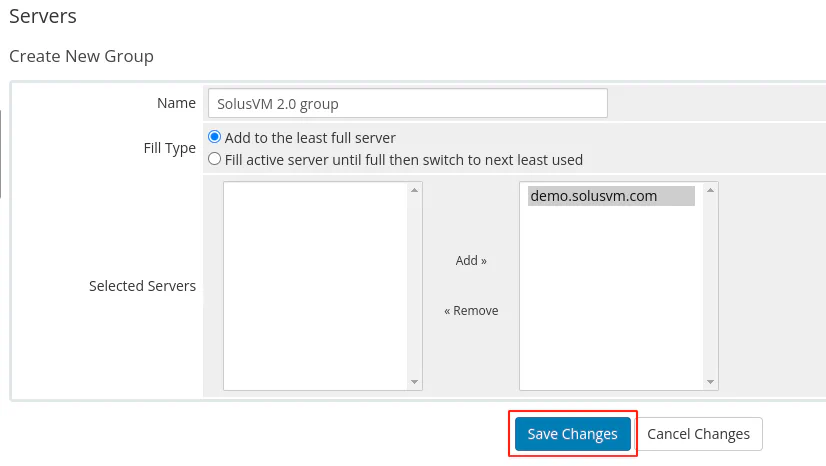 WHMCS server group configuration form showing name and server selection