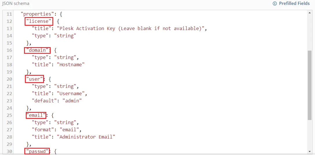 JSON schema showing application properties