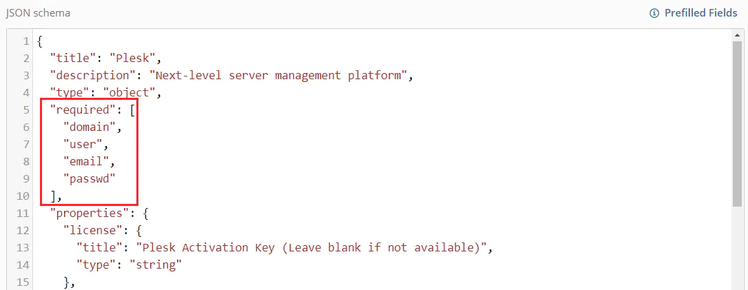 JSON schema showing required properties section