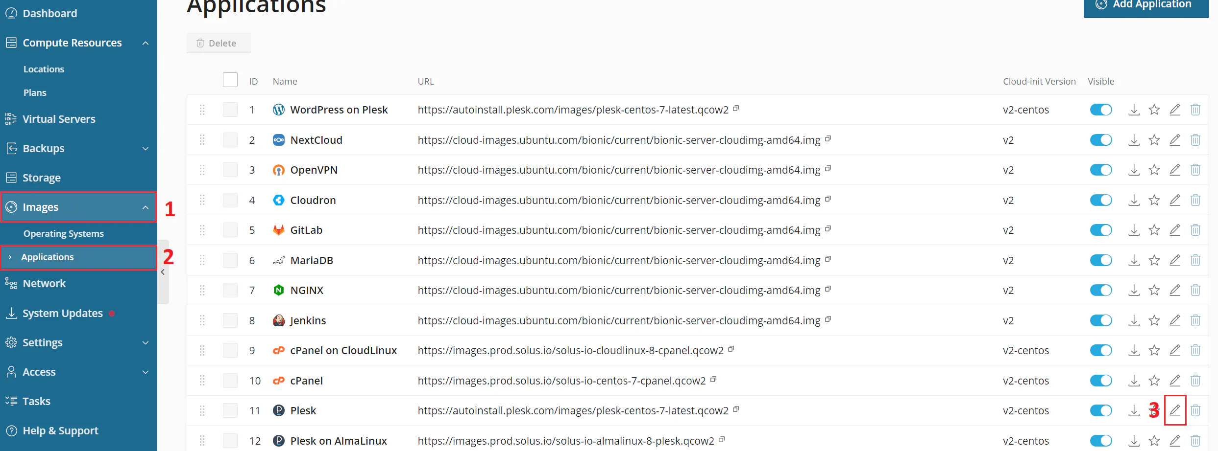 SolusVM application edit screen showing Plesk configuration