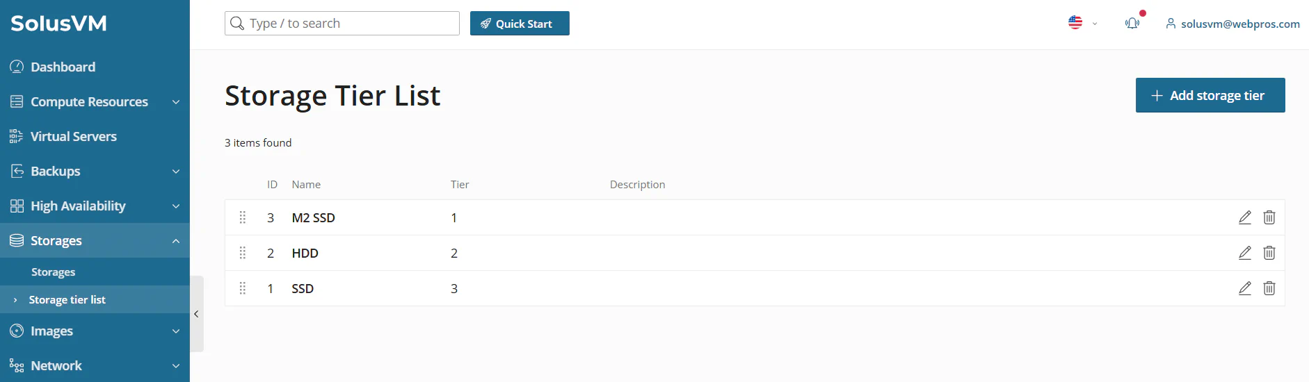 Storage Tier List interface showing storage tags with drag and drop ordering