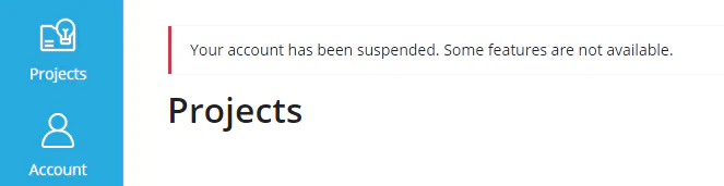 Account suspended message displayed in user area