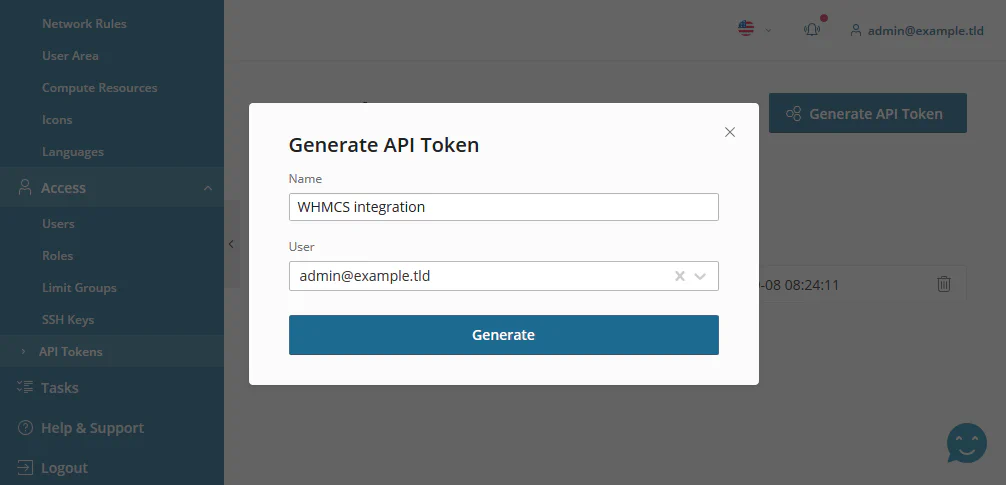 SolusVM API token generation interface showing token creation form