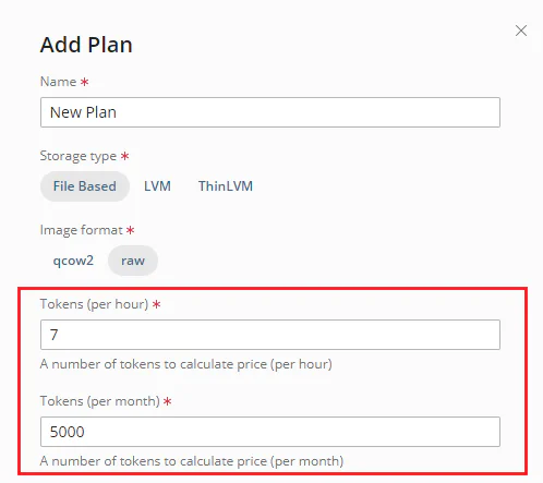 Plans interface showing token pricing columns