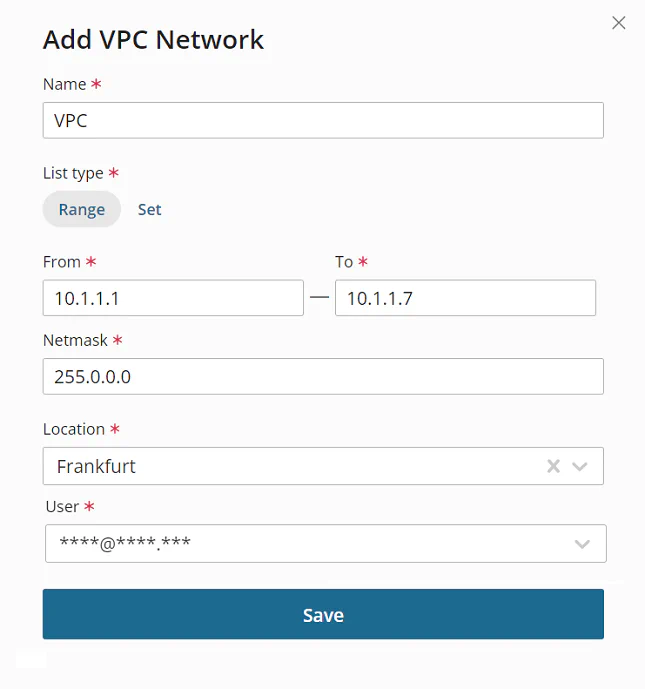 VPC network configuration form with location and owner settings