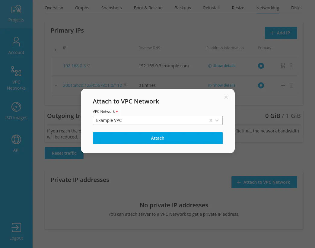 Server edit interface showing VPC attachment options