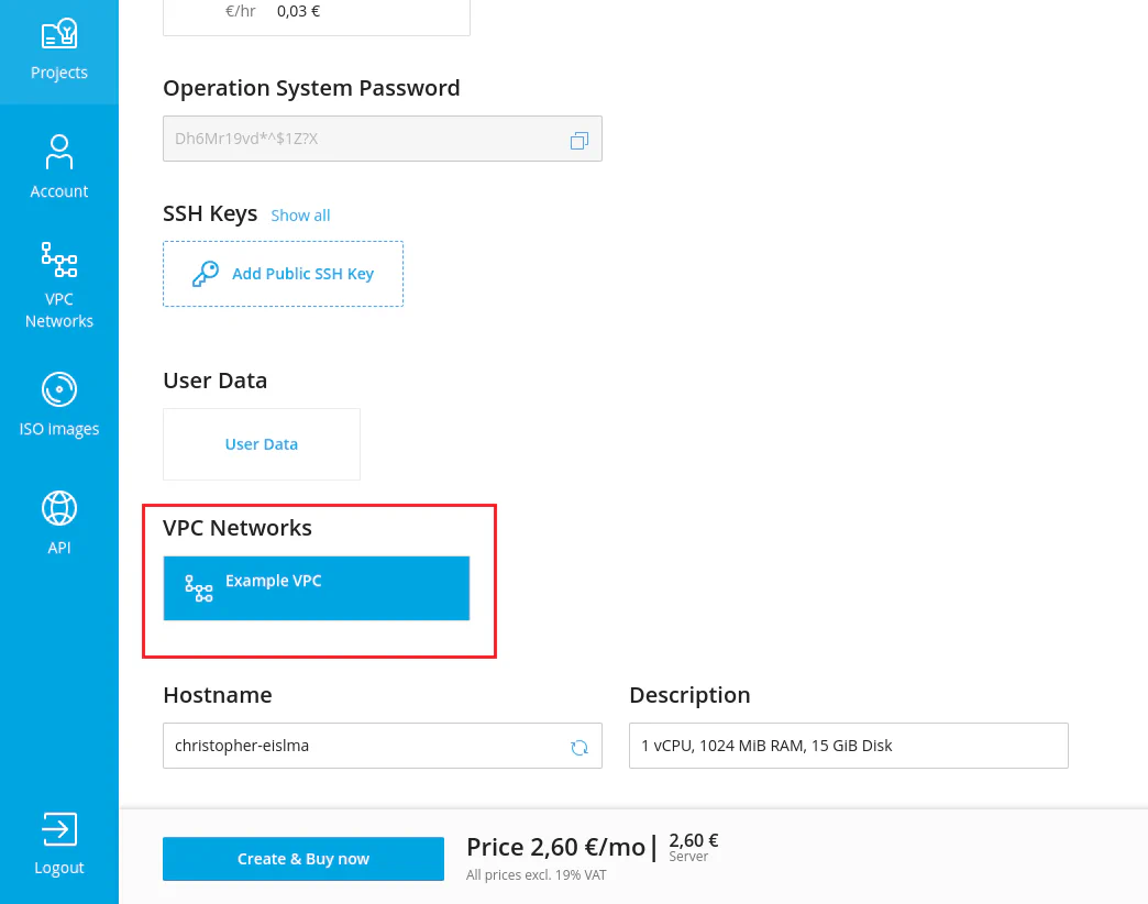 Server creation interface with VPC network selection