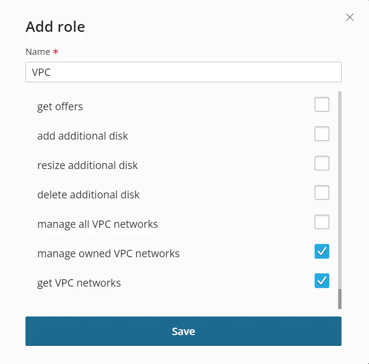 Add Role form with VPC-related permissions selected